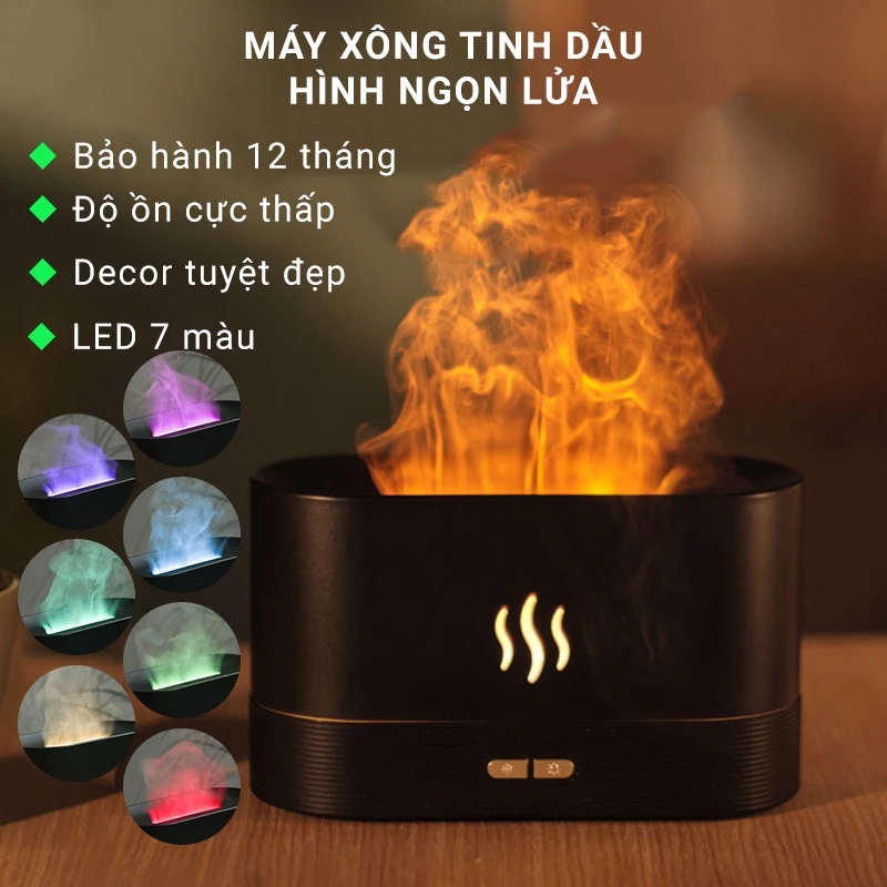 [Tặng Tinh dầu]Máy xông tinh dầu hình ngọn lửa - khuyếch tán tinh dầu tạo ẩm - LED 7 màu - BH 12T