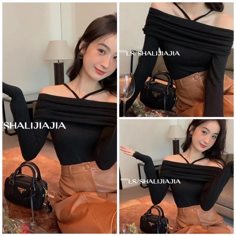 Áo kiểu thun croptop tay dài trễ vai phối dây đính chữ V cho nữ cá tính