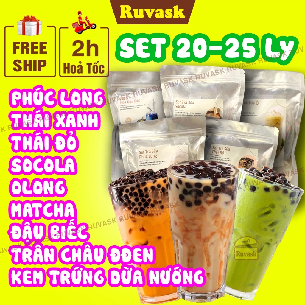 Set Trà Sữa Phúc Long Trân Châu Đường Đen Thái Xanh Đỏ Khoai Môn Matcha - Nguyên Liệu Trà Sữa Tự Pha Kem Trứng Ruvask