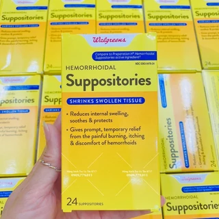 Hộp 24 viên đặt trĩ Hemorrhoidal Suppositories Walgreen Mỹ [Tương tự Preparation H]