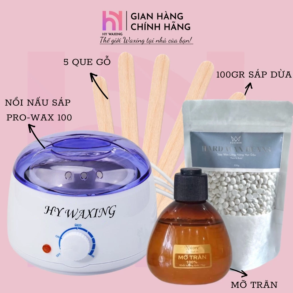 [CHE TÊN] Combo Nồi Nấu Sáp ProWax100+ 100gr Sáp Dừa Premium+ 75gr Mỡ Trăn Tặng Kèm Que Hy Waxing