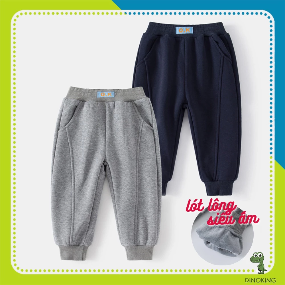 Quần nỉ bé trai lót lông DINOKING Quần ấm cho bé trai bo gấu chất nỉ dày lót nhung siêu ấm mùa đông Jogger trẻ em QD13