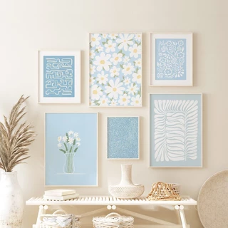 Bộ tranh 6 bức khổ lớn treo phòng khách màu xanh dương nhẹ nhàng khung trắng