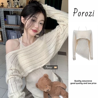 Porozi  Áo khoác Áo Sweater dệt kim tay dài trễ vai phong cách Hàn Quốc dành cho nữ