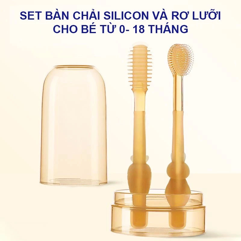 Set bàn chải silicon cho bé, Rơ lưỡi cho bé siêu mềm mại an toàn cho bé 0-18 tháng