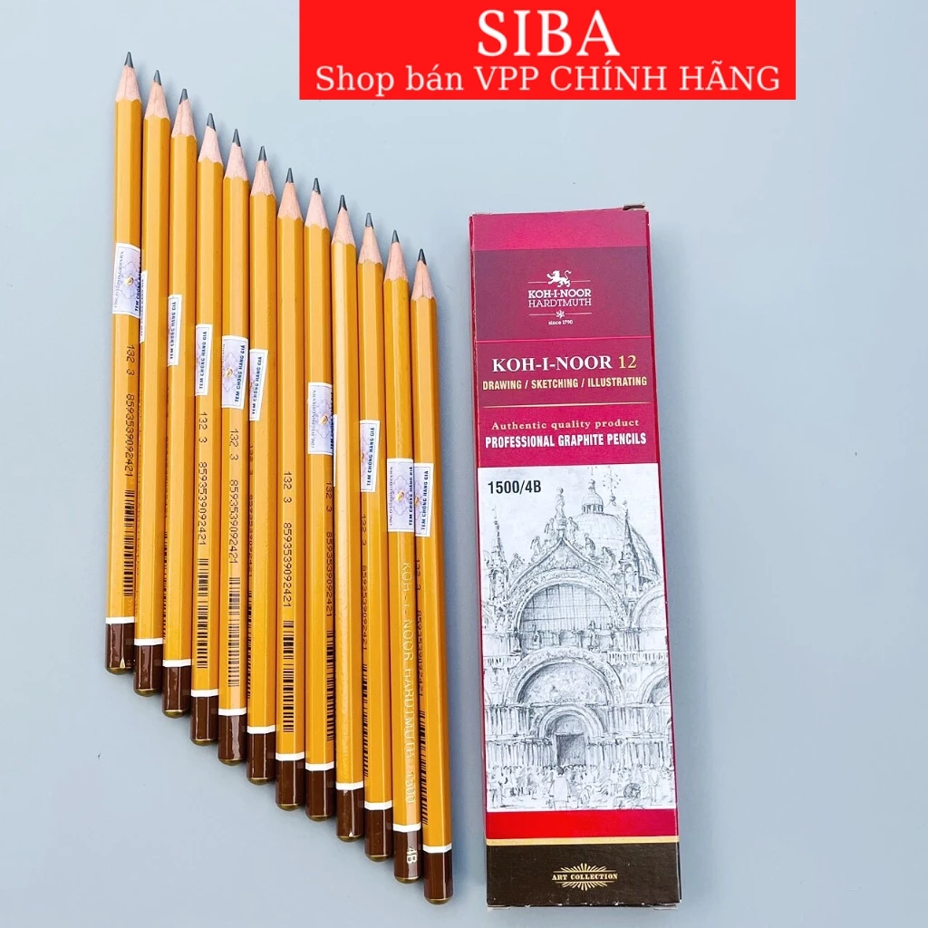 Combo hộp 12 cây bút chì Tiệp thân vàng KOH 1500 các phân loại HB/ 2B/ 3B/ 4B/ 5B/ 6B/ 7B/ 8B