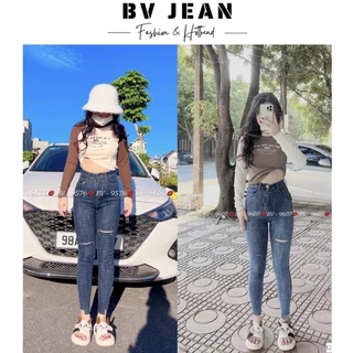 Quần Jean Ôm Nữ Cạp Cao Rách Gối 2 Màu BV JEAN Quần Ôm Nữ Lưng Cao