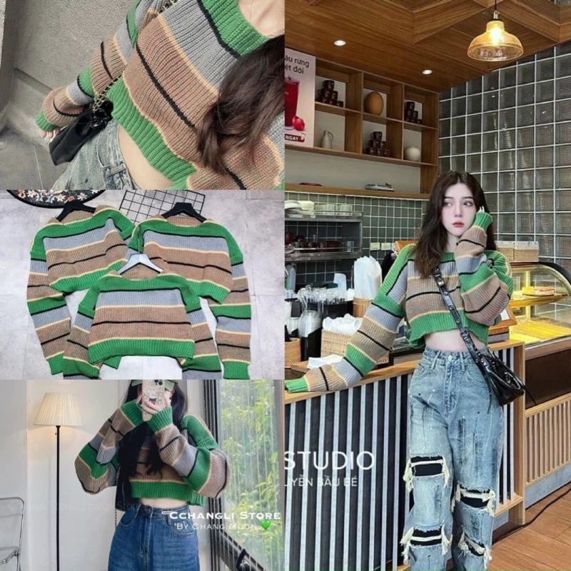 [N.T BIGSIZE] Áo len sọc croptop ( ngắn )