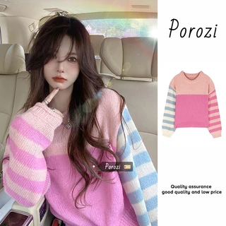 Porozi  Áo Sweater Tay Dài Cổ Tròn Kẻ Sọc Kiểu Hàn Quốc Xinh Xắn Cho Nữ