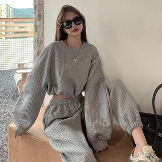 Set Áo Croptop Dây Rút Quần Boom Nữ, Bộ Thu Đông Trơn Chất Tổ Ong Dày Dặn Tôn Dáng