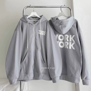 Áo Khoác Thun Nỉ Chữ WORK Có Nón Màu Xám - FREESHIP - Kiểu Hoodie Khóa Kéo Zip - Nam Nữ Cặp Đôi Mặc Thu Đông