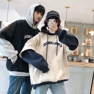 Áo đôi Hoodie Dài Tay cho nam nữ Giả Hai Lớp Form Rộng, thời trang thu đông Phong Cách Hàn Quốc