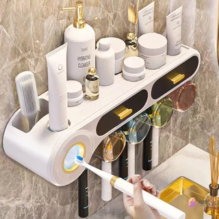 Bộ nhả kem đánh răng tự động AMOS | Kệ dán tường nhà tắm cao cấp kèm miếng dán