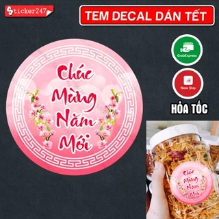 Tem Tết Chúc Mừng Năm Mới 🌈𝑭𝒓𝒆𝒆𝒔𝒉𝒊𝒑 Tem Decal Dán Tết Hình Tròn Màu Hồng Chống Nước- Dùng Dán Hộp Bánh Mứt, Giỏ Quà Tết