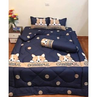 (DEAL SỐC) 💖 Trọn bộ 5 món ga gối chăn mền phao poly cotton mẫu Chó cheerful có ruột bông dày loại 1 (nhắn chọn mẫu )