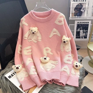 Áo Sweater Dệt Kim Ba Chiều Cỡ Lớn Thoải Mái In Họa Tiết Gấu Phong Cách Mới Mùa Đông Cho Nữ