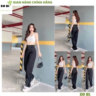 Quần jean nữ ĐEN ống rộng chạy viền Chelgy cạp lưng cao, quần bò nữ tôn dáng vải co giãn nhẹ dáng dài siêu đẹp - EOBI