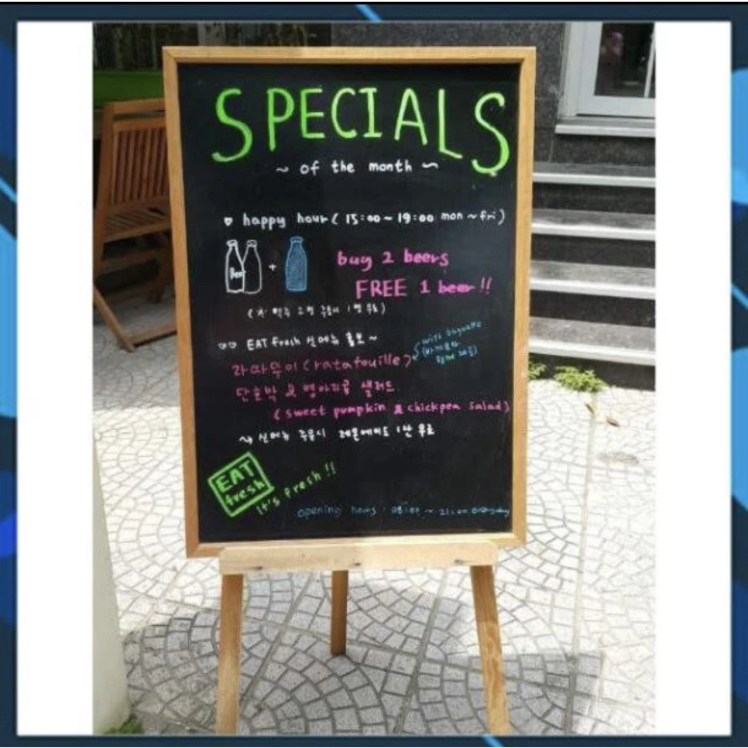 Bảng MENU đen viết phấn khung gỗ cao cao cấp dành cho các cửa hàng cafe,trà sữa, trà chanh, đồ ăn nhanh.