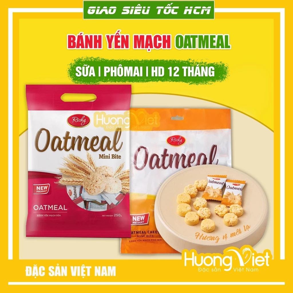 Bánh yến mạch Hàn Quốc Oatmeal Richy, kẹo yến mạch bơ sữa sôcôla ngọt dịu, giòn xốp túi 250g