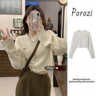 Porozi  Áo sweater dệt kim tay dài cổ tròn thời trang Hàn Quốc dành cho nữ