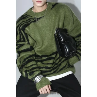 Áo Sweater Dệt Kim Cổ Tròn Dáng Rộng In Họa Tiết Ngựa Vằn Kiểu Mỹ Thời Trang Thu Đông Cho Nam