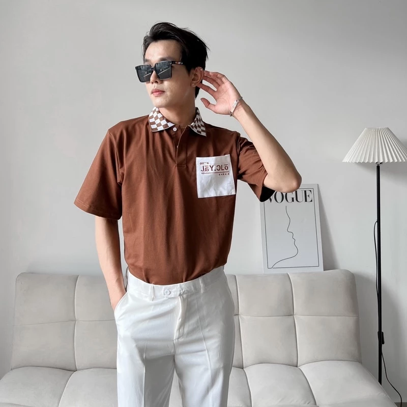 Áo Polo Unisex phối cổ caro JAY SEASON màu NÂU form rộng 🏁/Chất thun da cá/ Nam nữ unisex 🖤