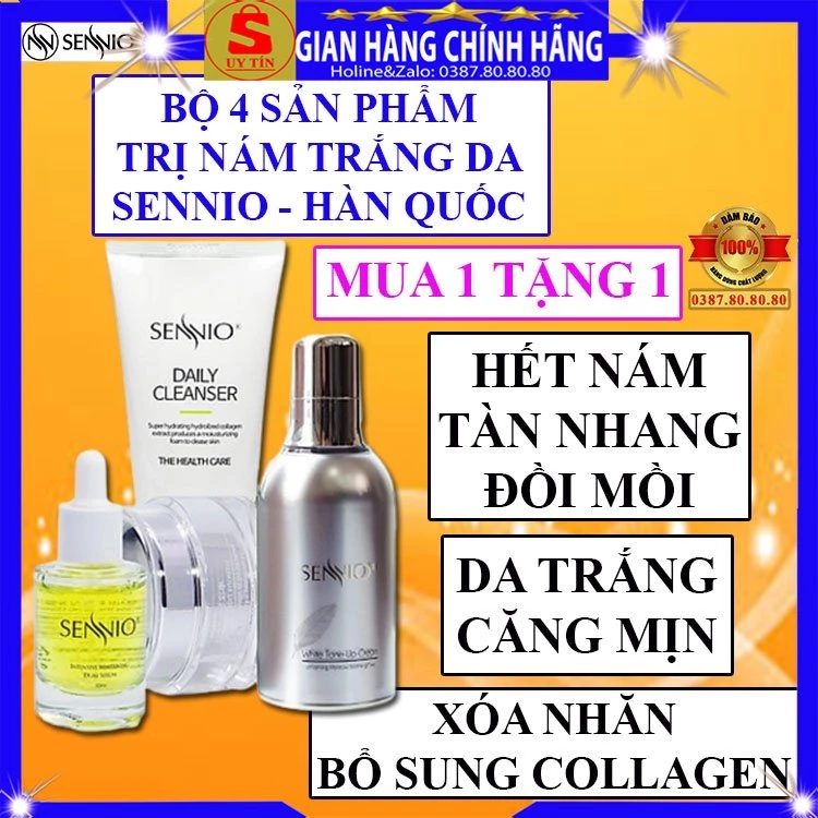 Combo bộ 4 sản phẩm xóa mờ thâm nám tàn nhang đồi mồi dưỡng trắng da mặt chính hãng Sennio hàn quốc cho nam nữ bà bầu