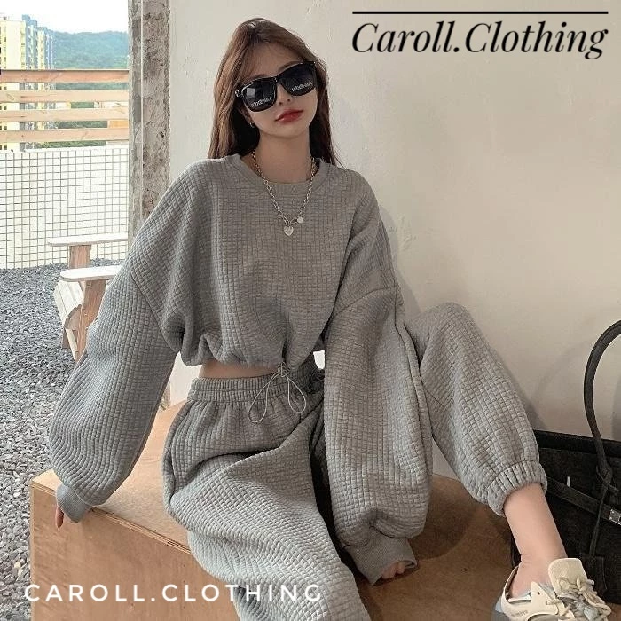 Set Áo Croptop Dây Rút Quần Boom Chất Tổ Ong CAROLL Nữ 💋 FREESHIP 💋 Bộ đồ áo lửng form rộng phong cách đường phố Ulzzang