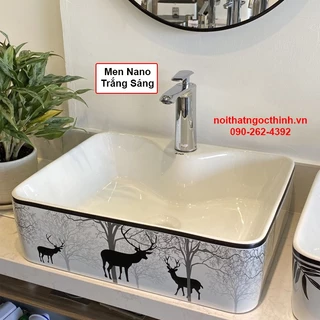 Chậu lavabo rửa mặt (ĐẶT BÀN) Arino chữ nhật Men Nano Trắng Sáng Sứ Cao Cấp Hoa Văn hình Hươu siêu đẹp