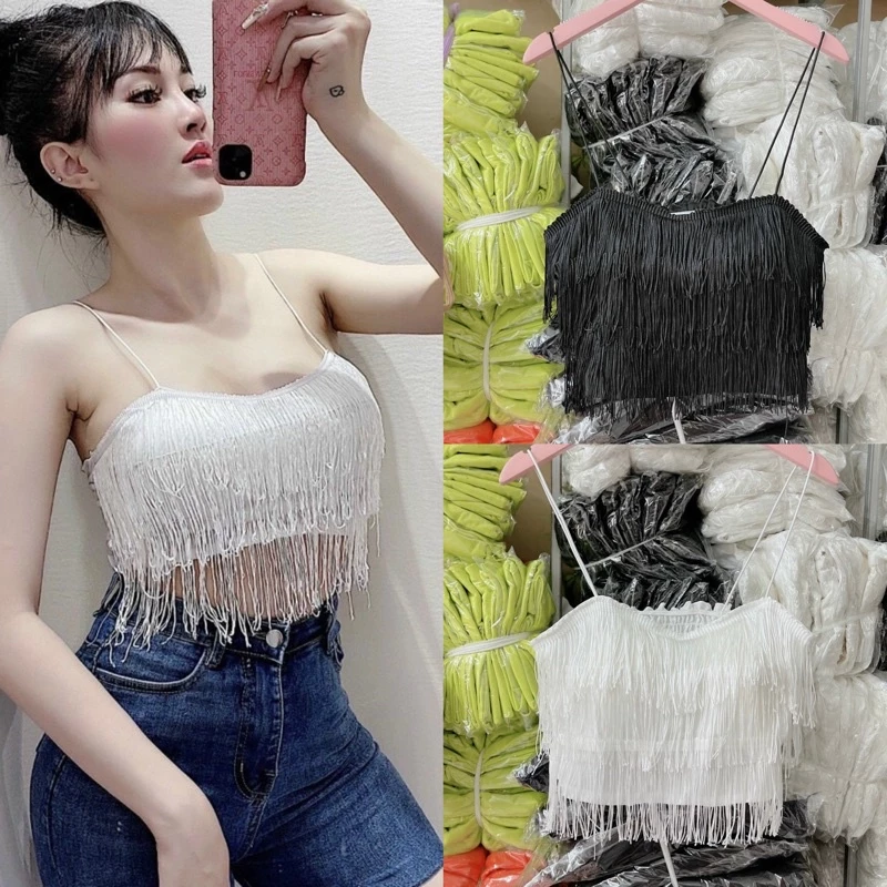 Áo croptop 2 dây tua rua(có mút ngực)