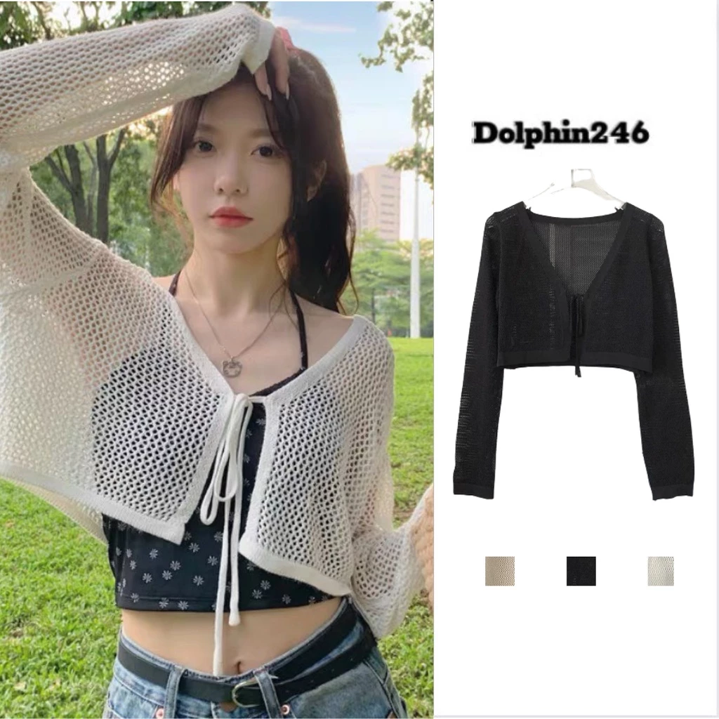 Áo Cadigan Nữ Áo Khoác Len Mỏng Croptop Lưới buộc dây Dệt Kim Tay Dài Dáng Rộng Kiểu Cổ V Hàn Quốc M184 B2-17