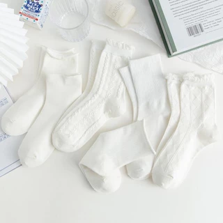 Tất Cao Cổ, Vớ Cao Cổ Nữ Màu Trắng Chất Liệu Vải Cotton Co Giãn Phong Cách Hàn Quốc