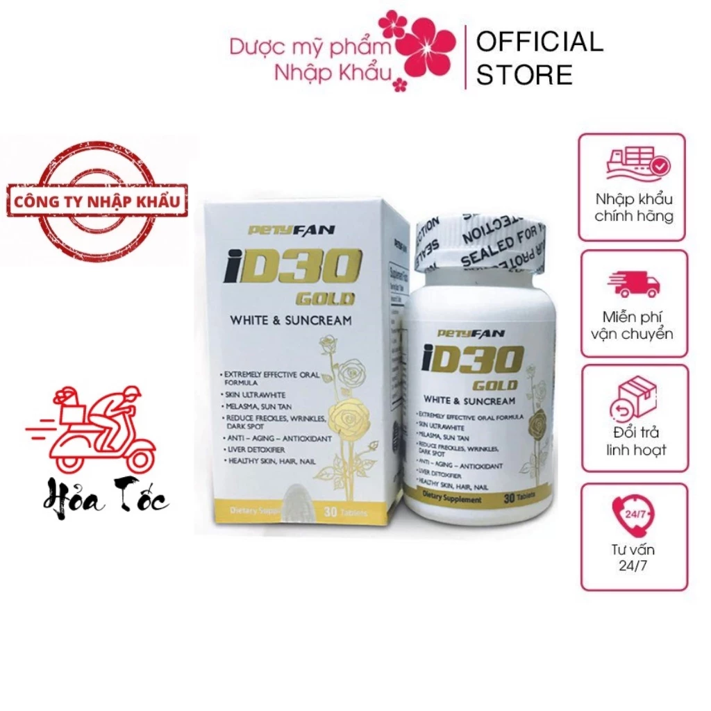 HÀNG NHẬP KHẨU - Viên uống trắng sáng da PETYFAN ID30 Gold White & Suncream chống nắng giảm nám chống lão hóa Hộp 30Viên