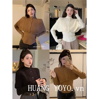 kumikumi HUANG YOYO 2023 croptop Bộ Áo Cổ Cao + Áo Choàng Dệt Kim Tay Dài Phong Cách Hàn Quốc Thời Trang Cho Nữ 2023