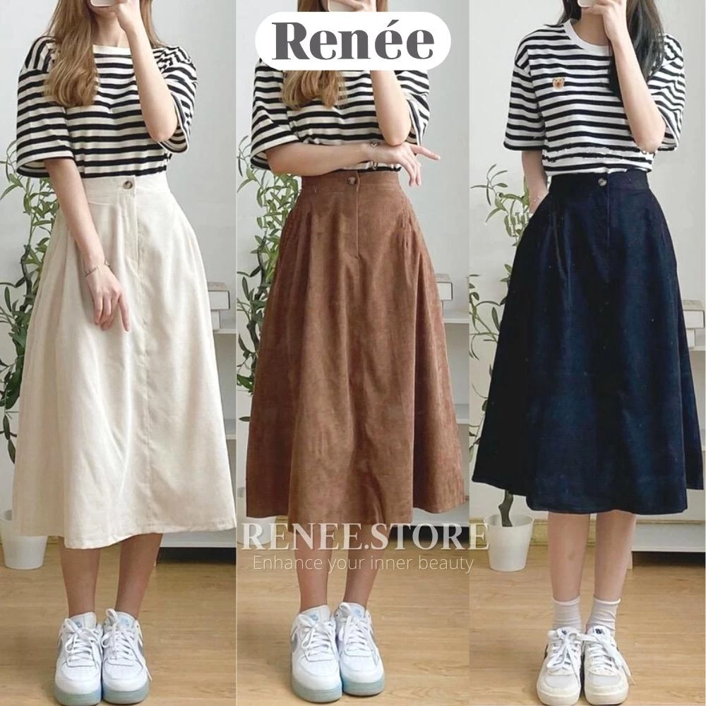 Chân váy dài nhung tăm Renee váy chữ a lưng chun 3 màu vintage - V178