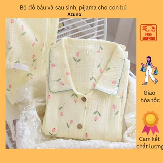 Bộ Đồ Bầu Và Sau Sinh Dài Tay Azuno AZ277 Chất Liệu Vải Muslin Nhẹ Mát Có Thiết Kế Khe Mở Cho Con Bú Mặc Nhà Sang Chảnh