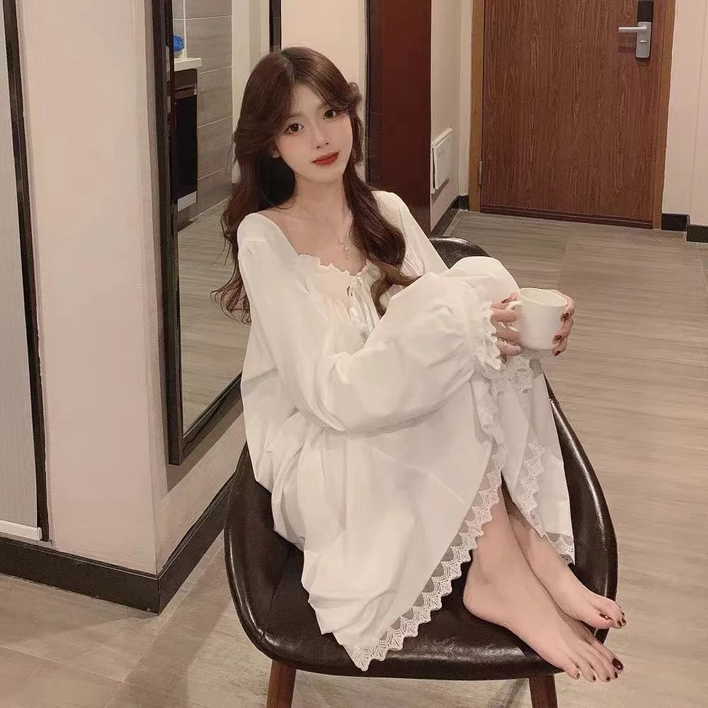 Đầm Ngủ Tay Dài Phối Ren Cột Nơ Phong Cách Công Chúa Dễ Thương Cho Nữ Size 3XL