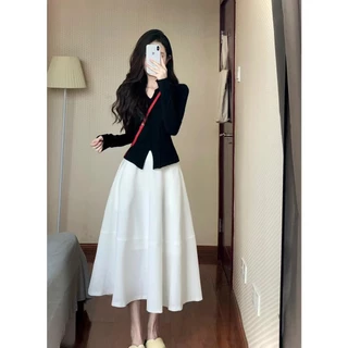 Váy trắng MORAN xòe dài + Áo cardigan len tăm dài tay màu đen style vintage điệu đà Hàn Quốc (ORDER)