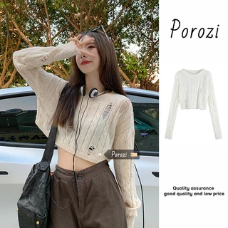 Porozi  Áo croptop dệt kim tay dài cổ tròn khoét lỗ phong cách Hàn Quốc thời trang cho nữ