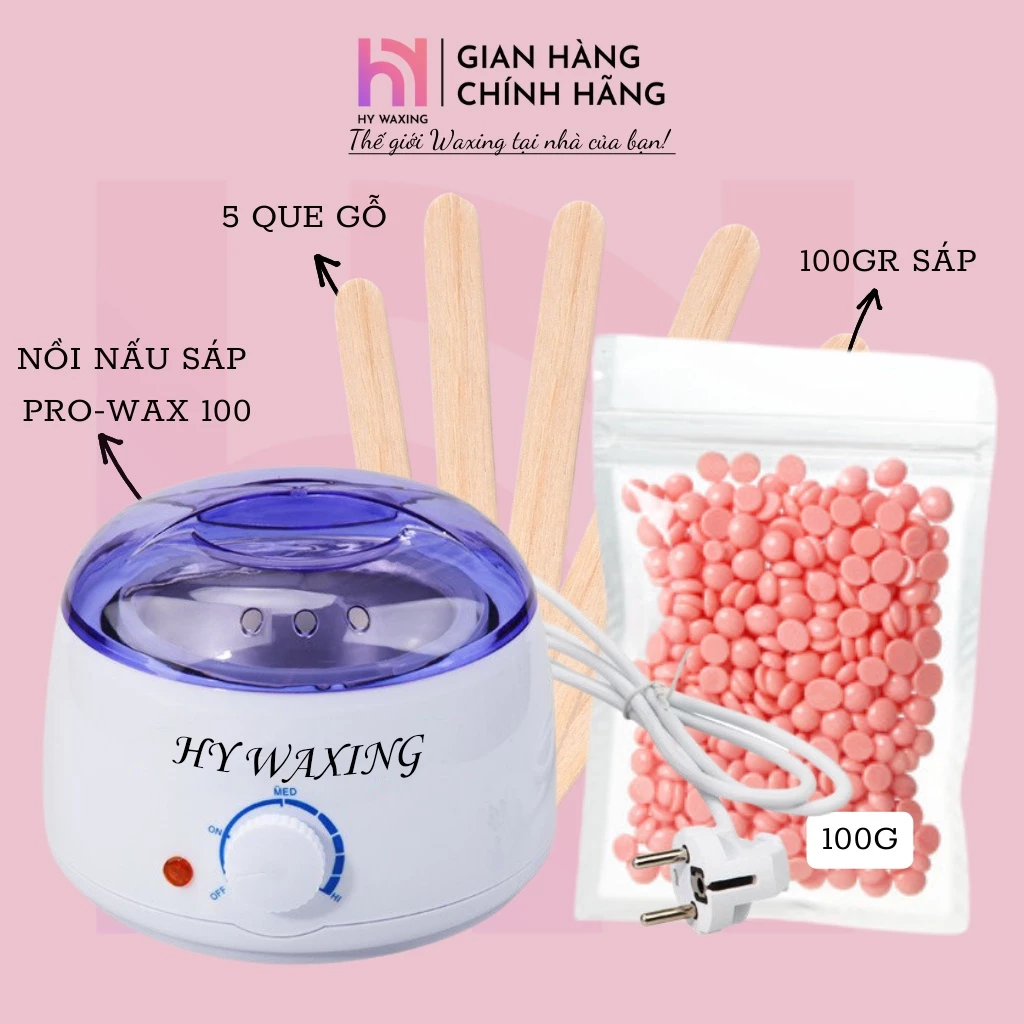 [CHE TÊN] Set Nồi Nấu Sáp Wax Lông Pro100 Trắng + 100gr Sáp Cao Cấp Siêu Bám Lông Tặng Que HY WAXING