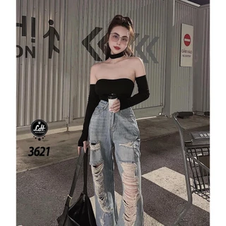 Quần jean nữ ống rộng, quần bò màu xanh nhạt rách tua rua theo ống cực chất Lê Huy Fashion MS 3621