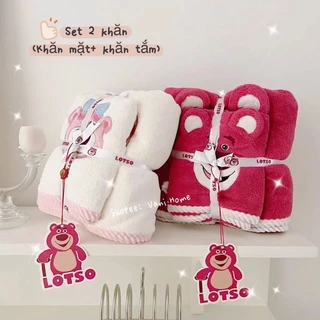 Set 2 khăn tắm gấu dâu LOSTO siêu mềm mịn thấm hút tốt kèm túi Zip - Bộ 2 món khăn mặt & khăn tắm