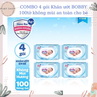 Combo 4 gói khăn ướt em bé bobby không mùi 100 miếng mẫu mới, khăn ướt bobby an toàn cho bé 100 tờ