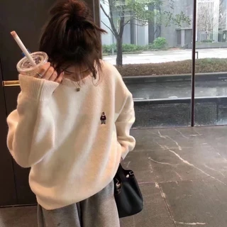 Áo sweater SUXI dệt kim cổ tròn dáng rộng thêu họa tiết đơn giản thời trang thu đông phong cách Hàn Quốc cho nữ