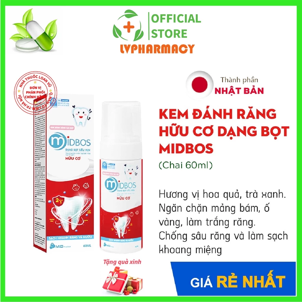 Kem Đánh Răng Hữu Cơ NUỐT ĐƯỢC Dạng Bọt MIDBOS, Diệt Vi Khuẩn Phòng Chống Sâu Răng, Hôi Miệng Cho bé 1 Tuổi(MB.06A)