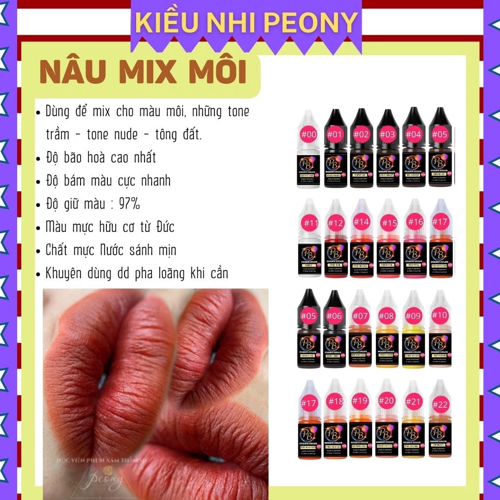 Mực phun xăm Hữu Cơ, NÂU MIX MÔI và 20 màu Mực Nước phun xăm Thẩm Mỹ