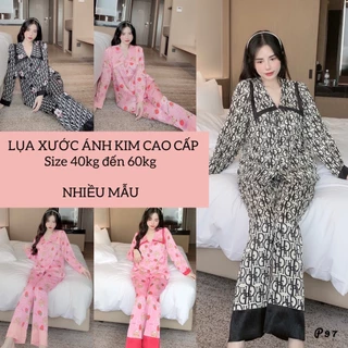 ẢNH THẬT pijama tay dài lụa xước thiết kế siêu xinh, đồ bộ nữ cao cấp giá rẻ, pijama nữ lụa xước cổ nhọn 2 lá, free ship