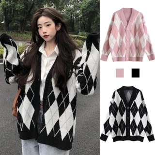 Áo khoác len nữ cardigan caro dáng dài họa tiết trám kim cương sang chảnh A519 SUTANO