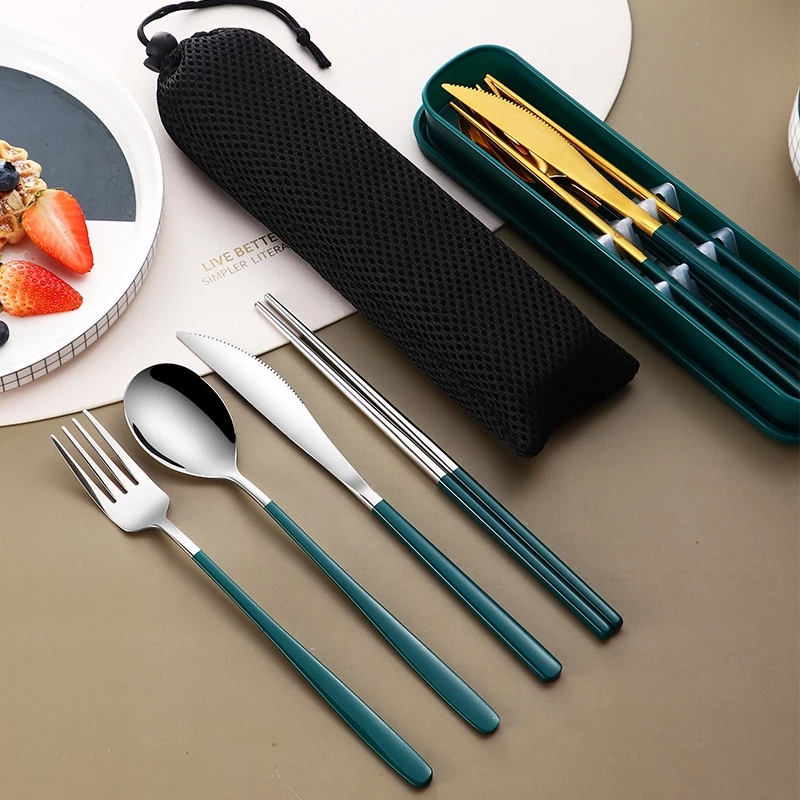 Bộ dụng cụ ăn uống cao cấp 4 món: muỗng, đũa, nĩa, dao, làm từ inox 304 không gỉ, mạ bạc/vàng, sang trọng, tiện dụng