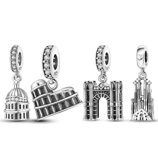 Bạc 925 Vintage Nổi Tiếng Landmark Colosseum Arc Triomphe Dangle Charm Phù Hợp Với MULA Vòng Tay Vòng Cổ Hạt Nữ Trang Sức